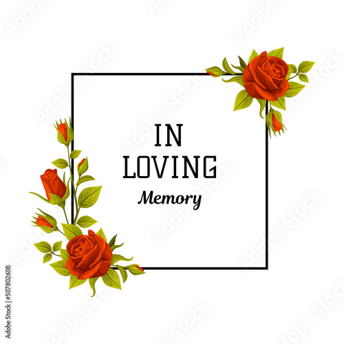 Funeral Red Rose Square Frame with In Loving Memory Quote and Inscription Vector Illustration