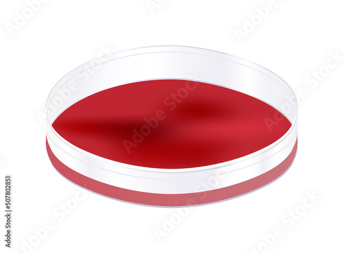 Vector illustration of glass or plastic Petri dish or Petri plate with blood or blood agar. Growth medium that is produced by adding blood to agar. Biological glassware isolated on a white background. photo