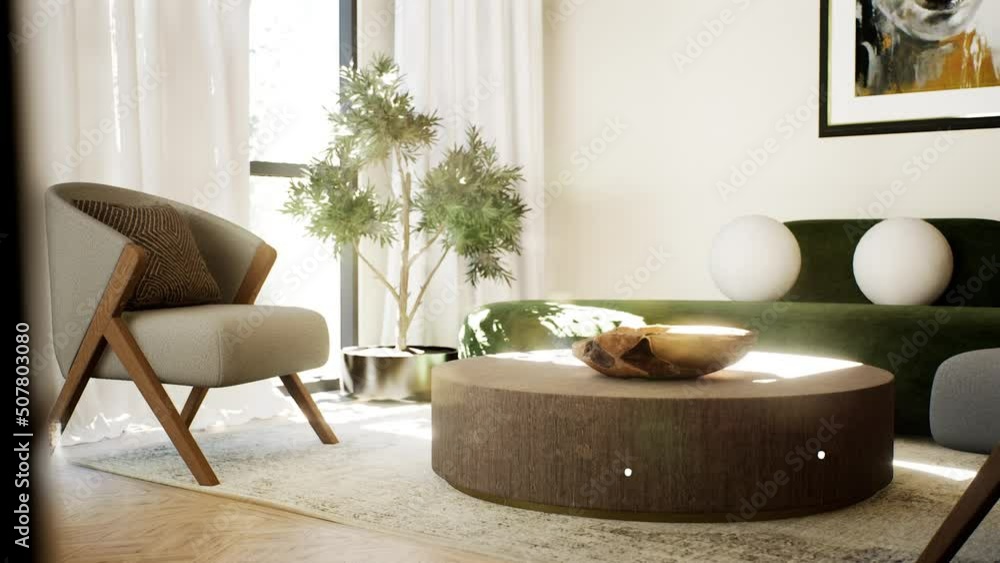 Home interior with decor, living room in white warm color, 3d render.