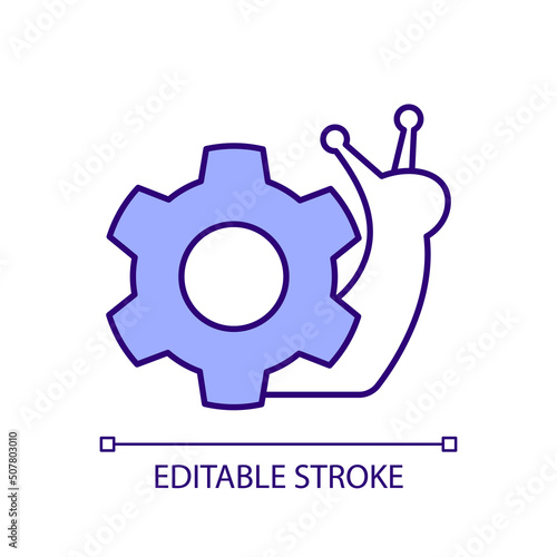 Slow process RGB color icon. Delayed operation and actions. Crawling snail with cogwheel. Isolated vector illustration. Simple filled line drawing. Editable stroke. Arial font used