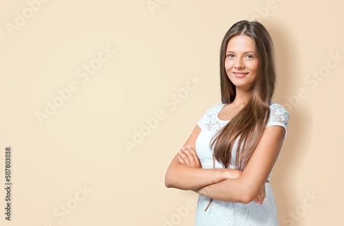 Smiling beautiful woman, congratulating, praising you, standing over background