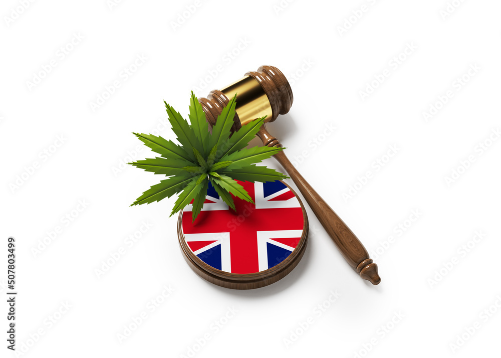 Cannabis leaf, gavel, and English flag. On white color background. horizontal composition. Isolated with clipping path.