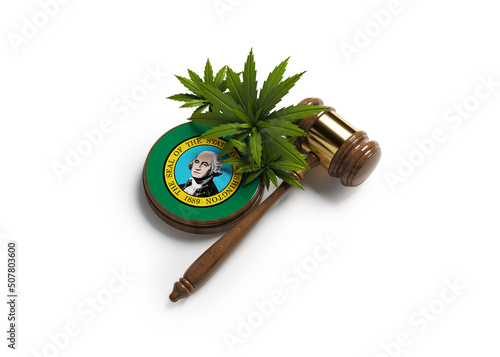 Cannabis leaf, gavel, and Washington flag. On white color background. horizontal composition. Isolated with clipping path.