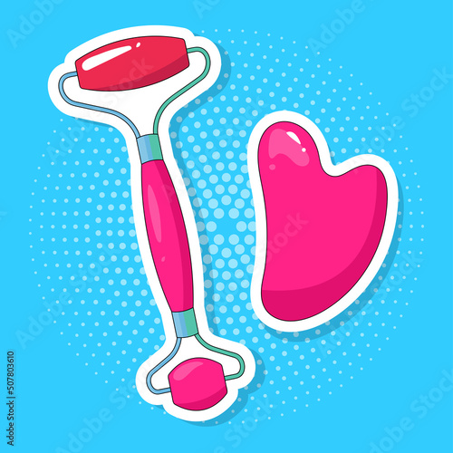 Sticker jade face roller, gua sha face massage. Icon on pop art retro vintage background. Trendy color illustration