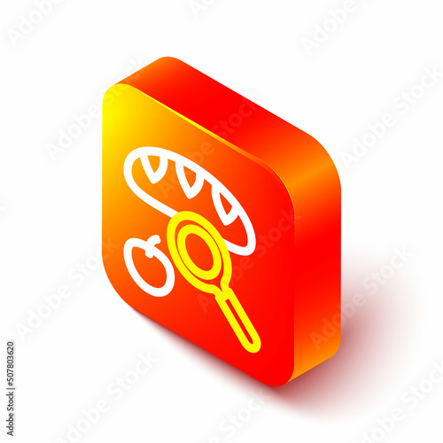 Isometric line Searching for food icon isolated on white background. Homelessness and poverty concept. Orange square button. Vector