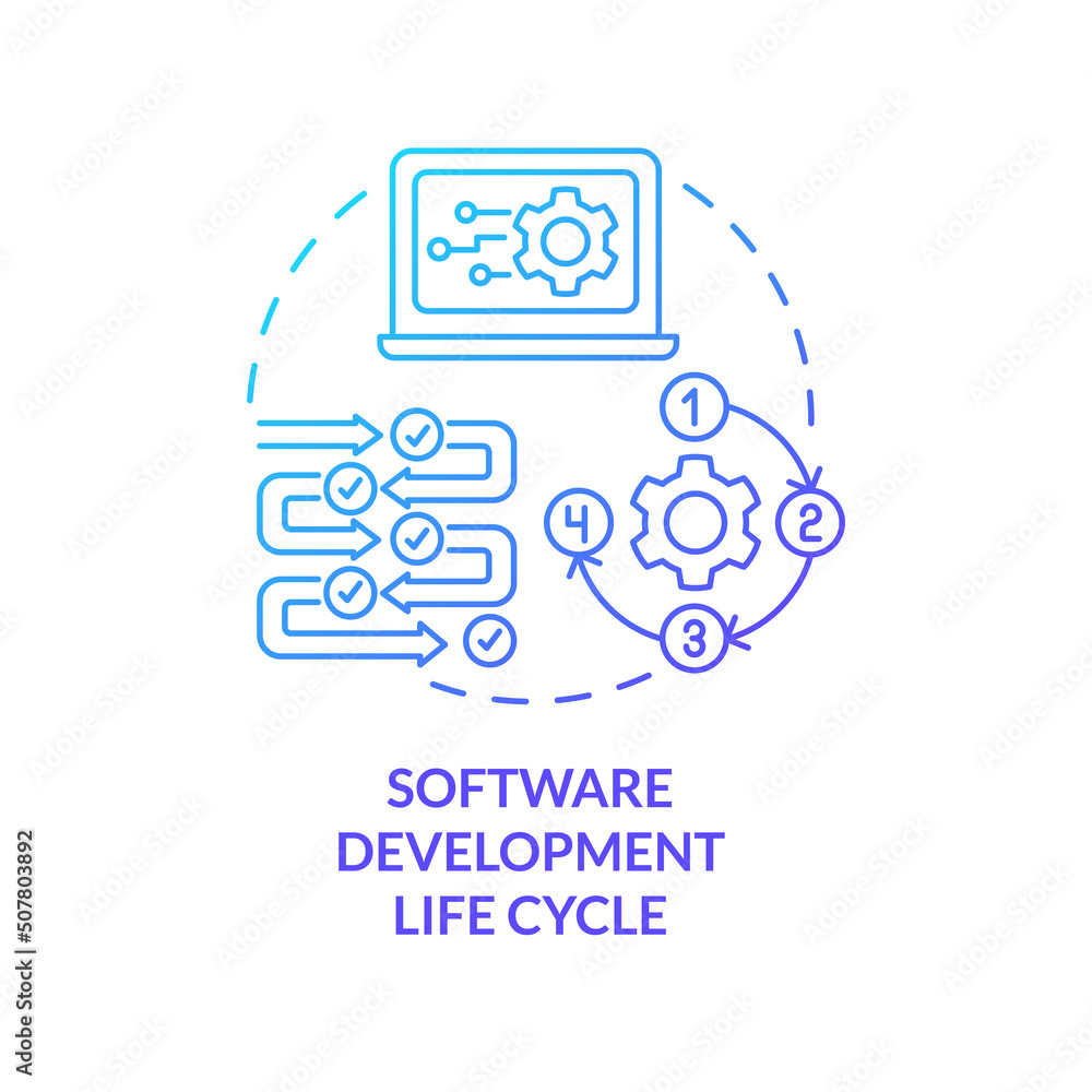 Software development life cycle blue gradient concept icon. Process steps. Programming skills abstract idea thin line illustration. Isolated outline drawing. Myriad Pro-Bold font used Software development life cycle blue gradient concept icon. Process steps. Programming skills abstract idea thin line illustration. Isolated outline drawing. Myriad Pro-Bold font used