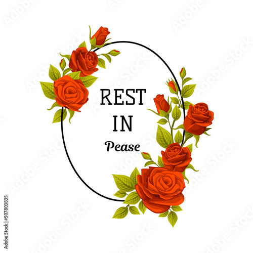 Funeral Red Rose Frame with Rest in Peace Quote and Inscription Vector Illustration