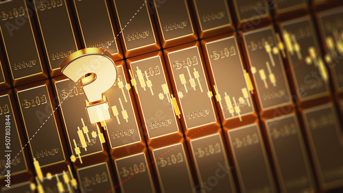 Question mark and finance chart on gold ingot stack. Horizontal composition.