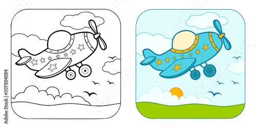 Coloring book or Coloring page for kids. Plane vector clipart. Nature background.