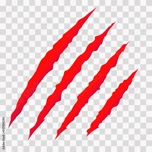Cat scratches. Animal claws marks in red. Monster or dinosaur attack slash stripes on transparent background. Vector illustration