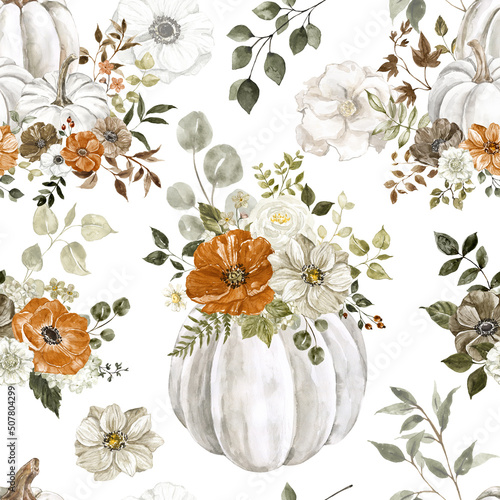 Watercolor fall floral print with white pumpkins. Hand-painted autumn botanical seamless pattern. Harvest-themed design.