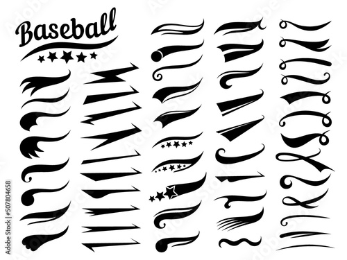 Swooshes text tails for baseball design. Sports swash underline shapes set  in retro style. Swish typography font elements for athletics, baseball,  football decoration. White swirl on blue, vector line Stock Vector