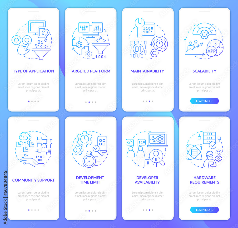 Programming language choice blue gradient onboarding mobile app screen set. Walkthrough 5 steps graphic instructions with linear concepts. UI, UX, GUI template. Myriad Pro-Bold, Regular fonts used