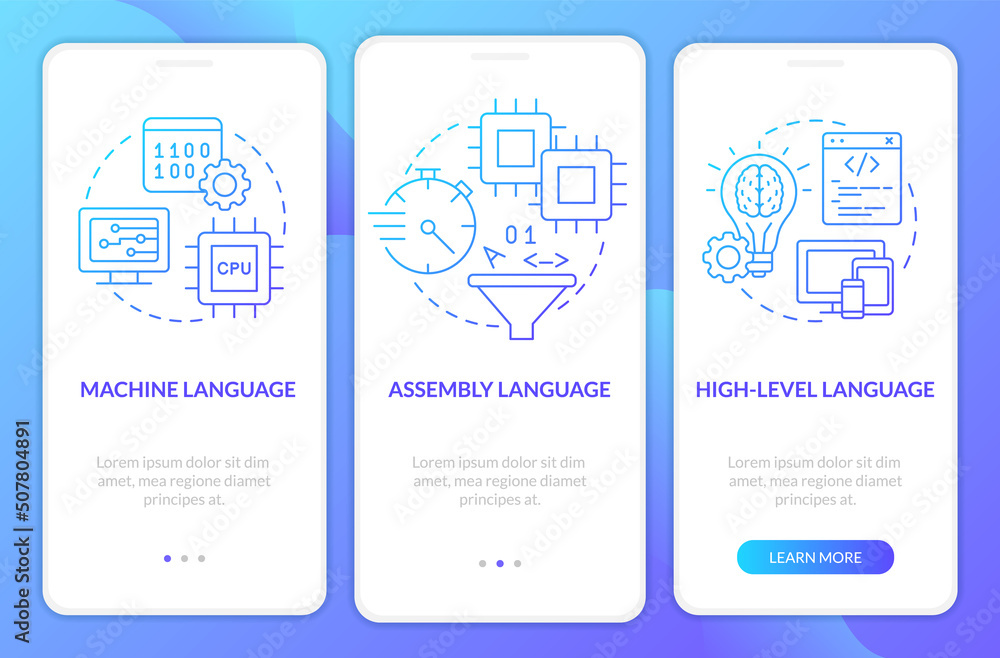 Types of computer languages blue gradient onboarding mobile app screen ...