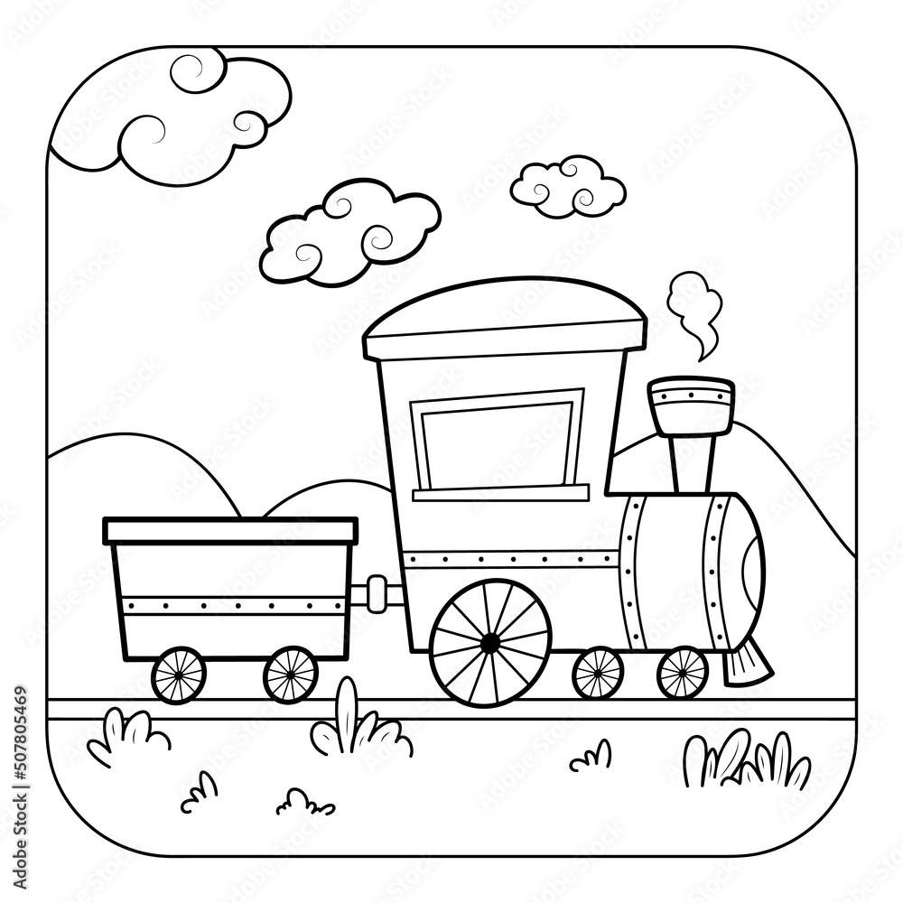 Train black and white. Coloring book or Coloring page for kids. Nature ...