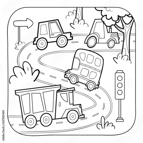 Car black and white. Coloring book or Coloring page for kids. Nature background