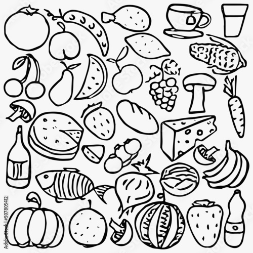 food icons. Doodle vector illustration with food icons. Food background