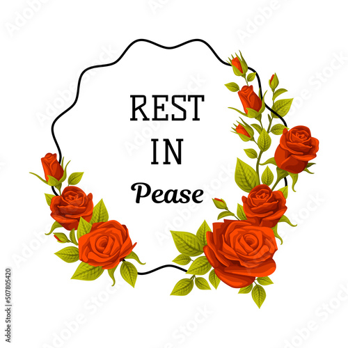 Funeral Red Rose Frame with Rest in Peace Quote and Inscription Vector Illustration
