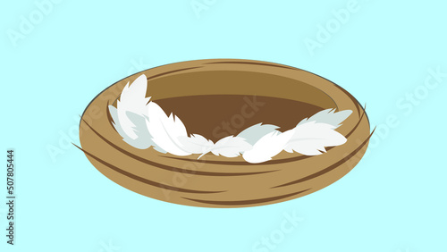 Empty nest with white and gray feathers