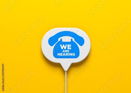 Feedback concept speech bubble and retro phone icon on orange color background. Horizontal composition with copy space. Isolated with clipping path.