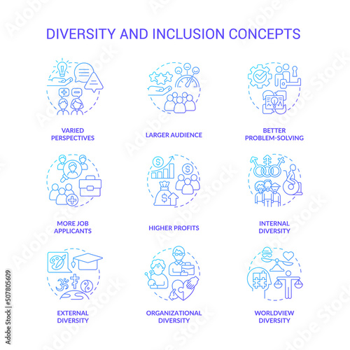 Diversity and inclusion blue gradient concept icons set. Varied perspectives idea thin line color illustrations. Better problem-solving. Isolated symbols. Roboto-Medium  Myriad Pro-Bold fonts used