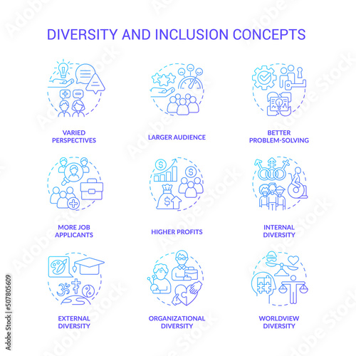 Diversity and inclusion blue gradient concept icons set. Varied perspectives idea thin line color illustrations. Better problem-solving. Isolated symbols. Roboto-Medium, Myriad Pro-Bold fonts used