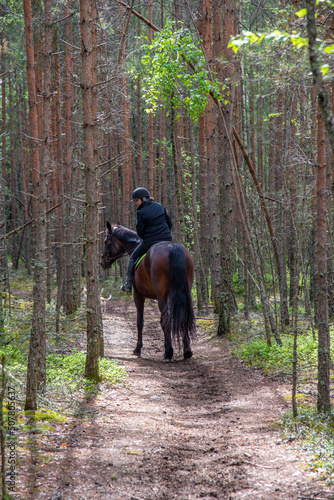 Woman horseback riding in forest path