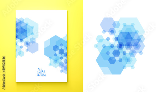 Cover design template. Abstract geometrical background. Transparent pattern of 3d cubes and hexagons. Vector illustration for banner, flyer, poster or brochure.