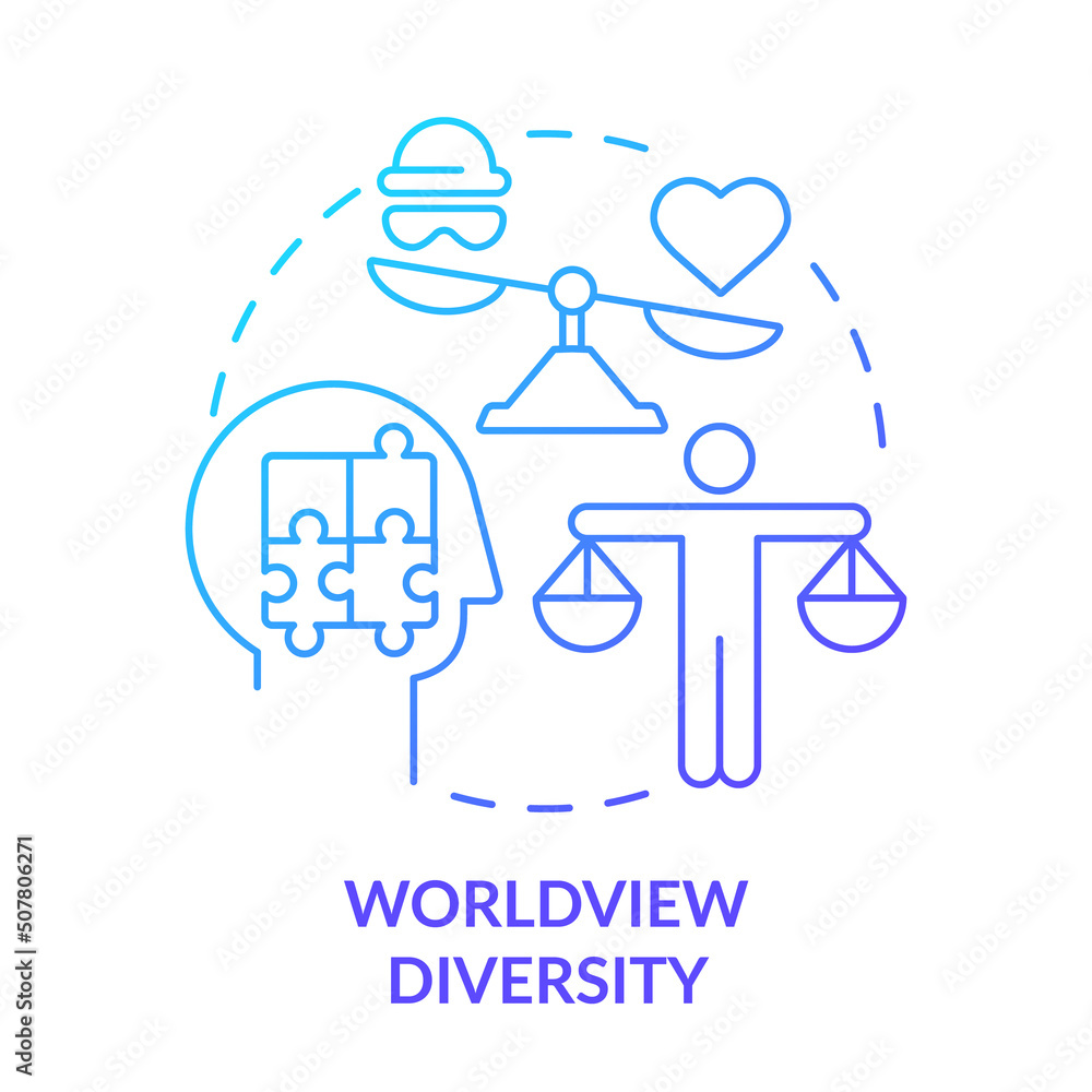 Worldview diversity blue gradient concept icon. Moral development abstract idea thin line illustration. Ethical values. Cultural mindset. Isolated outline drawing. Myriad Pro-Bold font used