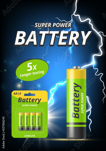Battery ads poster. Advertising placard with alkaline battery pictures and place for text energy power lightning concept decent vector template