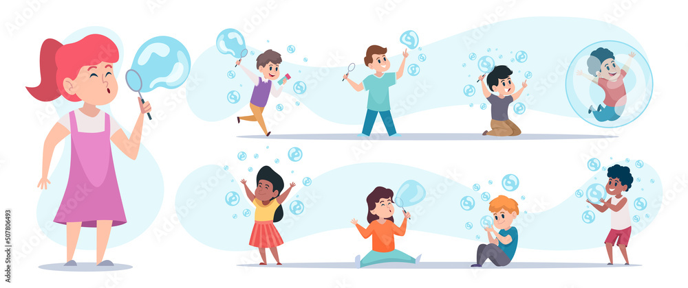 Foam bubbles for kids. Children blowing foam bubbles funny happy people playing in action poses exact vector cartoon characters