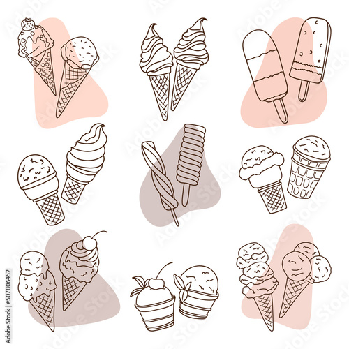 Ice cream set. Chocolate and vanilla ice cream dessert illustration