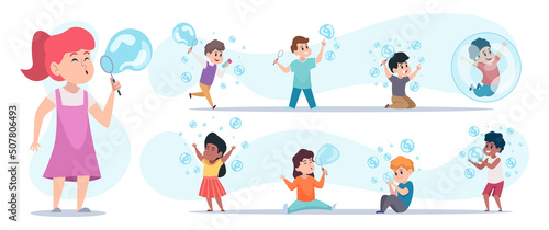 Foam bubbles for kids. Children blowing foam bubbles funny happy people playing in action poses exact vector cartoon characters