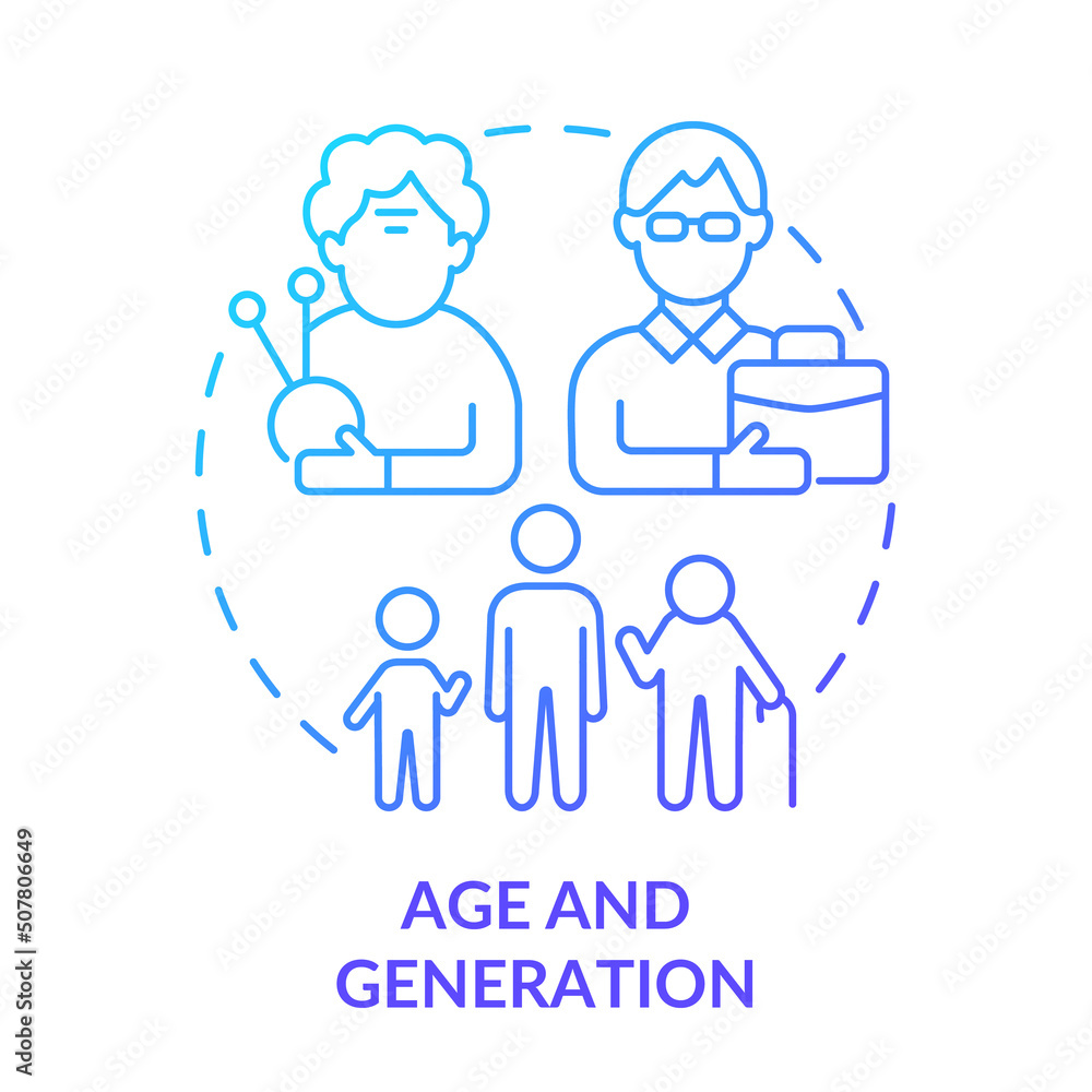 Age and generation blue gradient concept icon. Diversity type abstract idea thin line illustration. Older and younger workers. Fight discrimination. Isolated outline drawing. Myriad Pro-Bold font used Age and generation blue gradient concept icon. Diversity type abstract idea thin line illustration. Older and younger workers. Fight discrimination. Isolated outline drawing. Myriad Pro-Bold font used