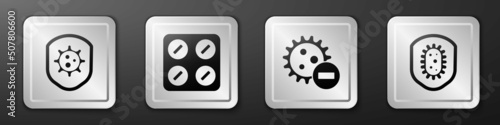 Set Shield protecting from virus, Pills in blister pack, Negative virus and Shield protecting from virus icon. Silver square button. Vector