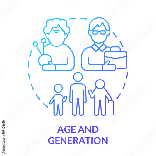 Age and generation blue gradient concept icon. Diversity type abstract idea thin line illustration. Older and younger workers. Fight discrimination. Isolated outline drawing. Myriad Pro-Bold font used