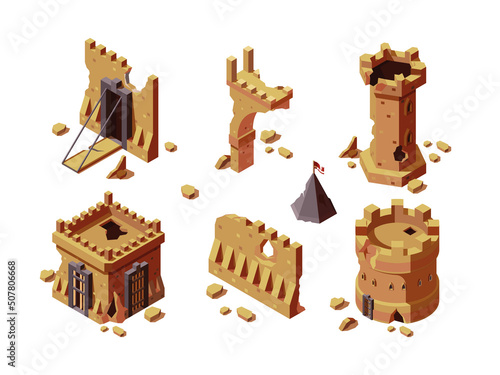 Medieval buildings. War damaged historical constructions game 3d isometric garish vector templates