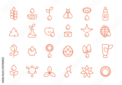 Cosmetic linear icons. Eco friendly skin care natural cosmetic organic products garish vector illustrations set