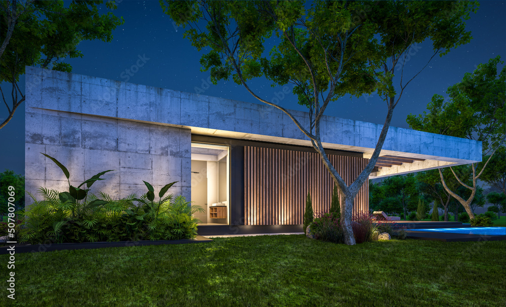 Obraz premium 3d rendering of new concrete house in modern style with pool and parking for sale or rent and beautiful landscaping on background. Only one floor. Clear summer night with many stars on the sky.