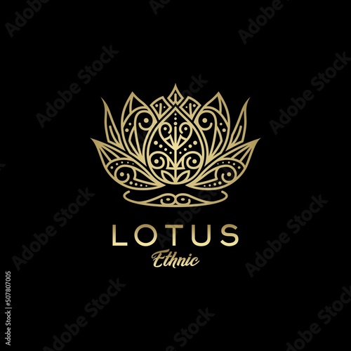 Golden Lotus Flower Logo With Asian Batik Ethnic Motif