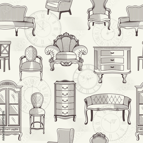 Furniture pattern. Sofa bed chairs and wardrobe pictures for textile design projects recent vector seamless background