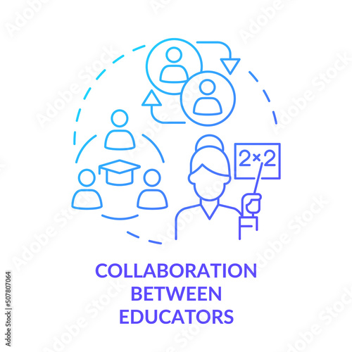 Collaboration between educators blue gradient concept icon. Inclusive classrooms benefit abstract idea thin line illustration. Teacher cooperation. Isolated outline drawing. Myriad Pro-Bold font used