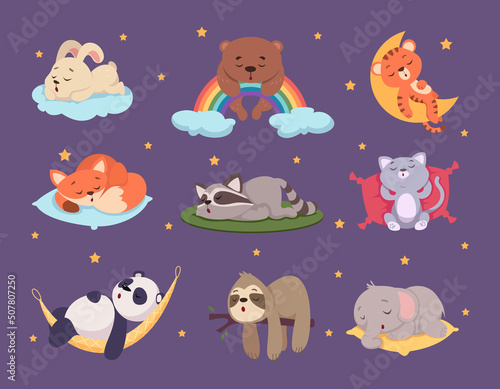 Fototapeta Naklejka Na Ścianę i Meble -  Relaxing animals. Cute sleeping characters funny poses exact vector set isolated