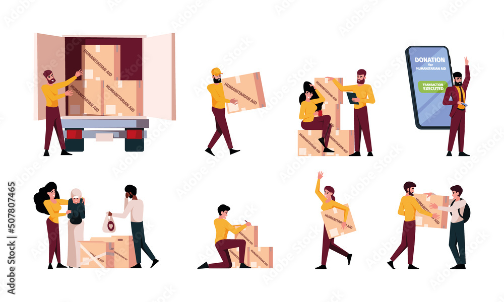 Humanitarian box. Medical donation persons volunteers helping to poor people containers with clothes and food garish vector cartoon set