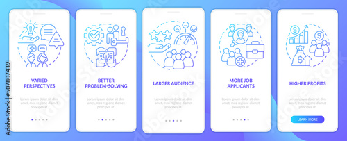 Workplace diversity advantages blue gradient onboarding mobile app screen. Walkthrough 5 steps graphic instructions with linear concepts. UI, UX, GUI template. Myriad Pro-Bold, Regular fonts used