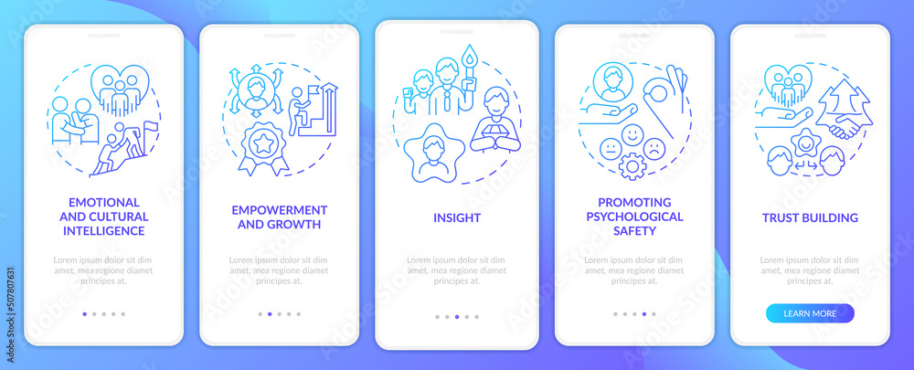 Naklejka premium Traits of inclusive leaders blue gradient onboarding mobile app screen. Walkthrough 5 steps graphic instructions with linear concepts. UI, UX, GUI template. Myriad Pro-Bold, Regular fonts used