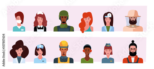 Profession avatars. Different multicultural jobs working stuff policeman hospital nurse various occupation garish vector professions