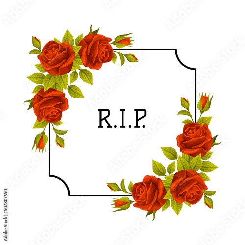 Funeral Red Rose Frame with Rest in Peace Quote and Inscription Vector Illustration