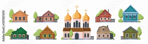 Old russian village. Wooden row houses traditional authentic style vintage ussr construction garish vector buildings set