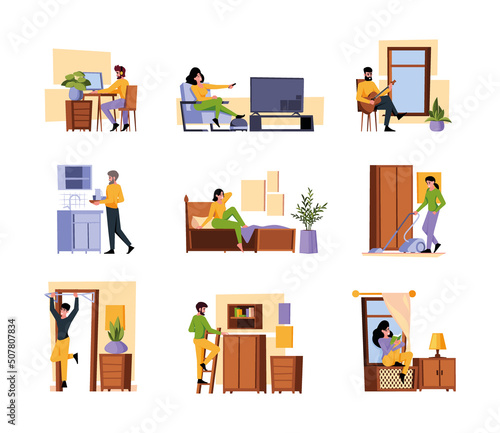 Family leisure time. Different home daily activities relax and watch tv playing kids reading book garish vector flat illustrations